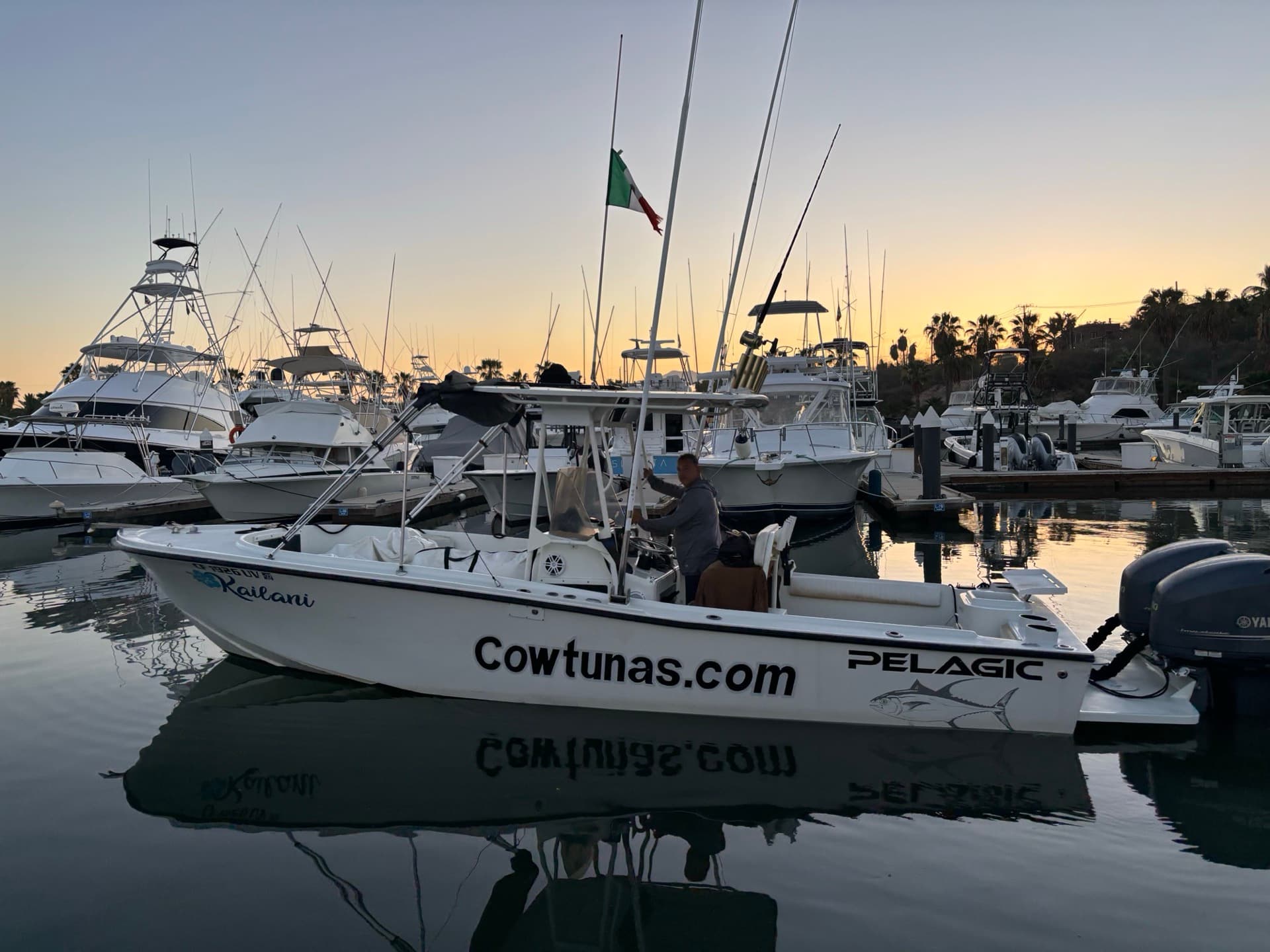The Kailani at the Cabo San Lucas marina at dusk